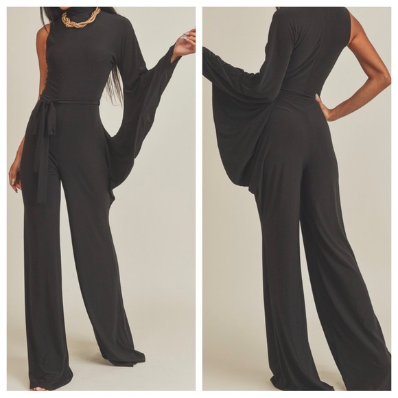 FABULOUS ONE SLEEVE WIDE LEG BELTED JUMPSUIT - Picture 3 of 3